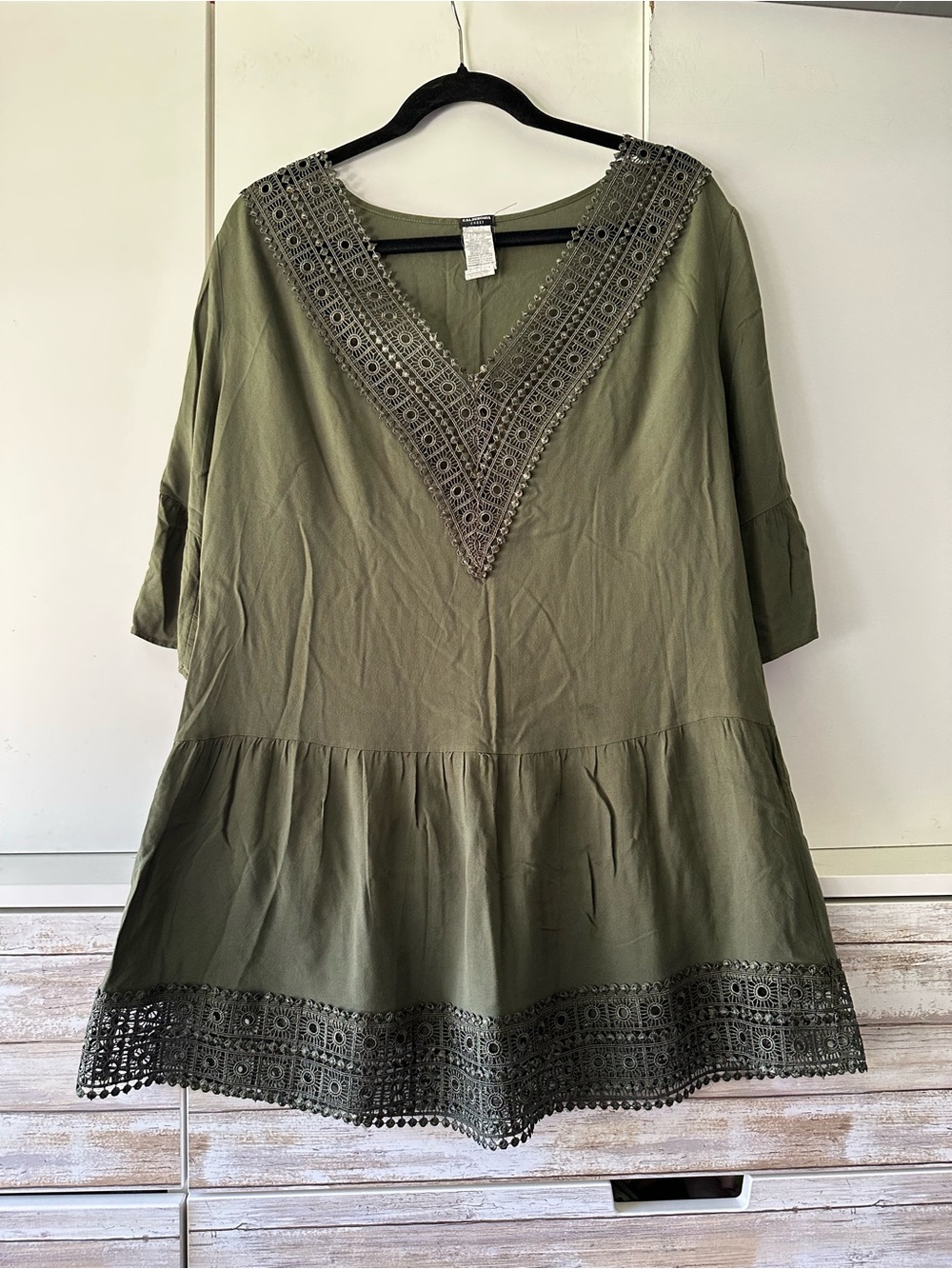 🫒 Calzedonia Olive Crochet Lace Peplum Tunic Blouse Bell Sleeve Women’s S